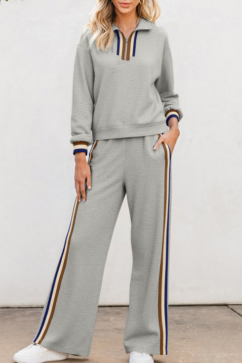 Striped Quarter Zip Contrast Trim Wide Leg Pant Set